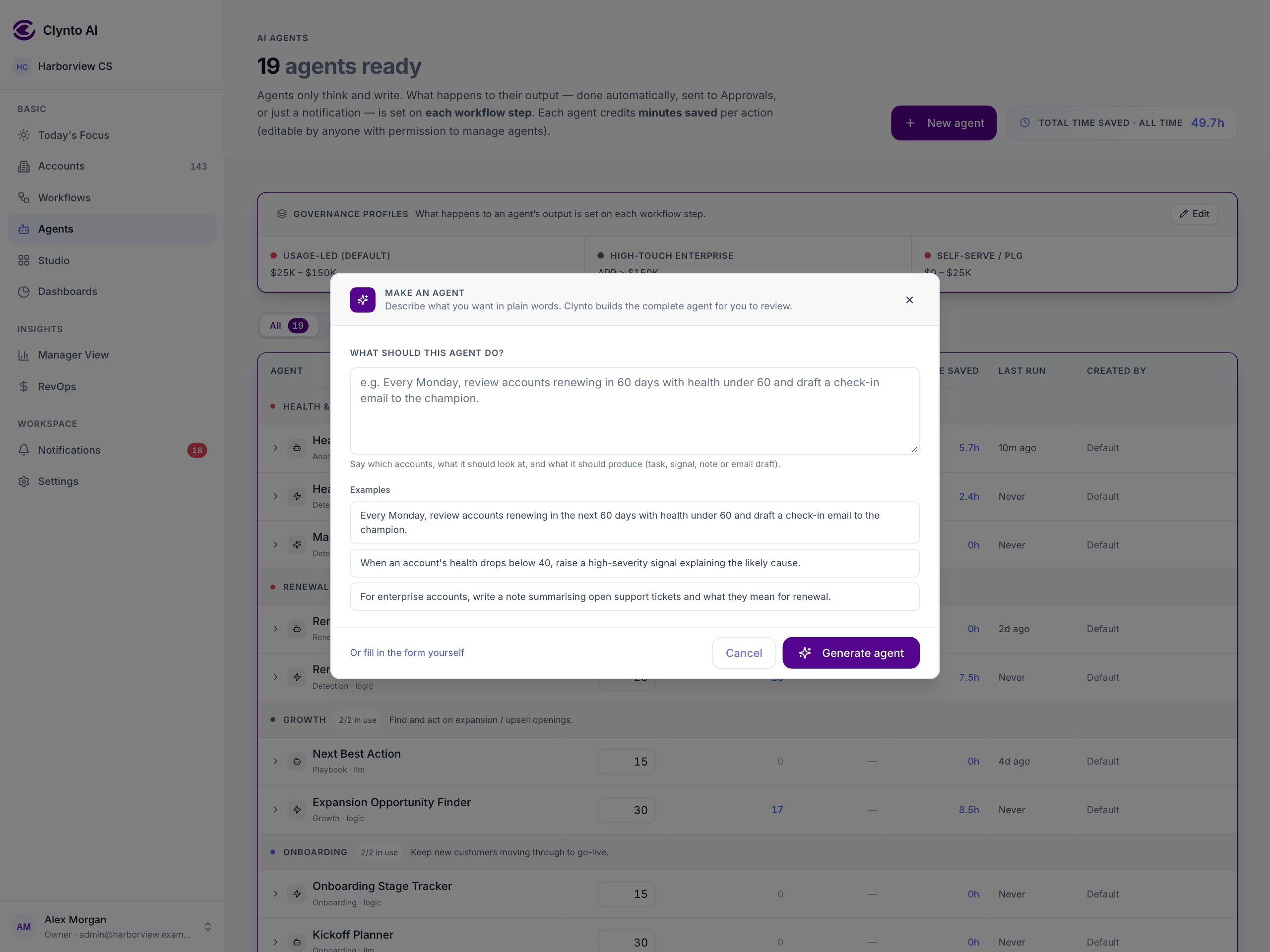 The new-agent form: name, section, watched signal, allowed actions, and a step mode per Profile.