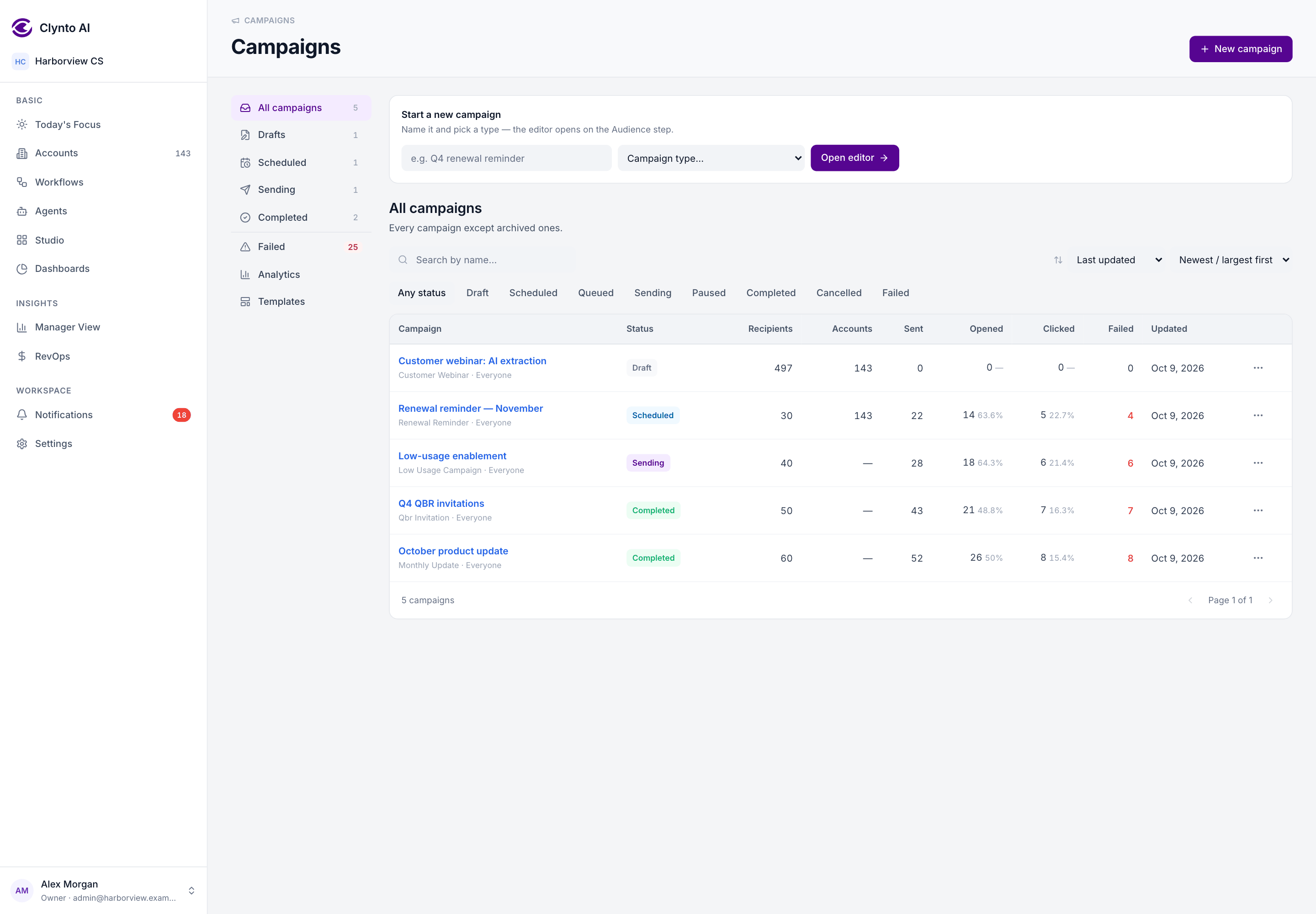 A campaign with its analytics filled in - delivered, open, click and bounce rates - so the numbers read as a real send rather than a draft.