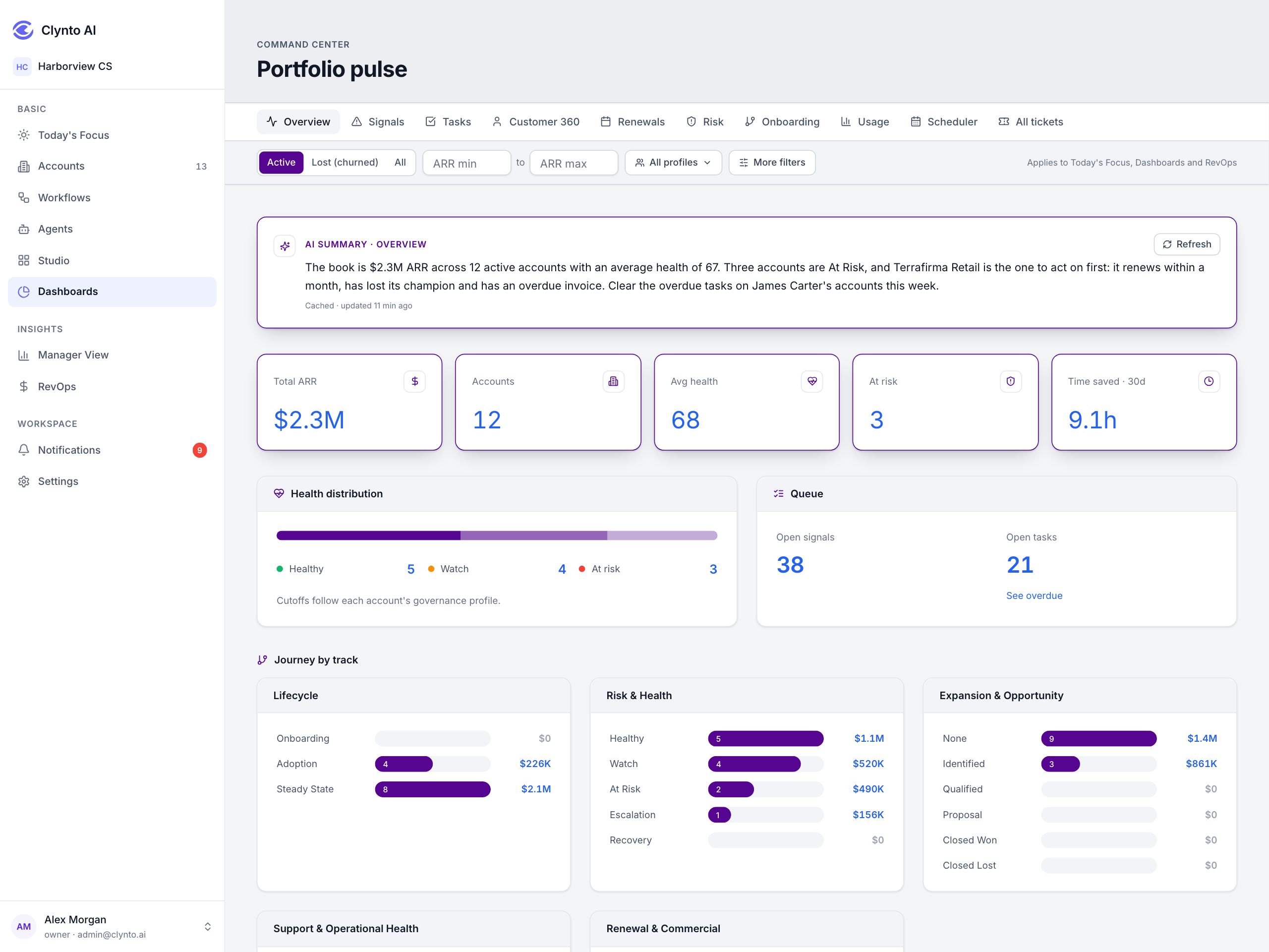 Portfolio pulse: ARR, account count, health distribution, and the Expansion & Opportunity track broken out alongside Lifecycle (Onboarding/Adoption/Steady State).