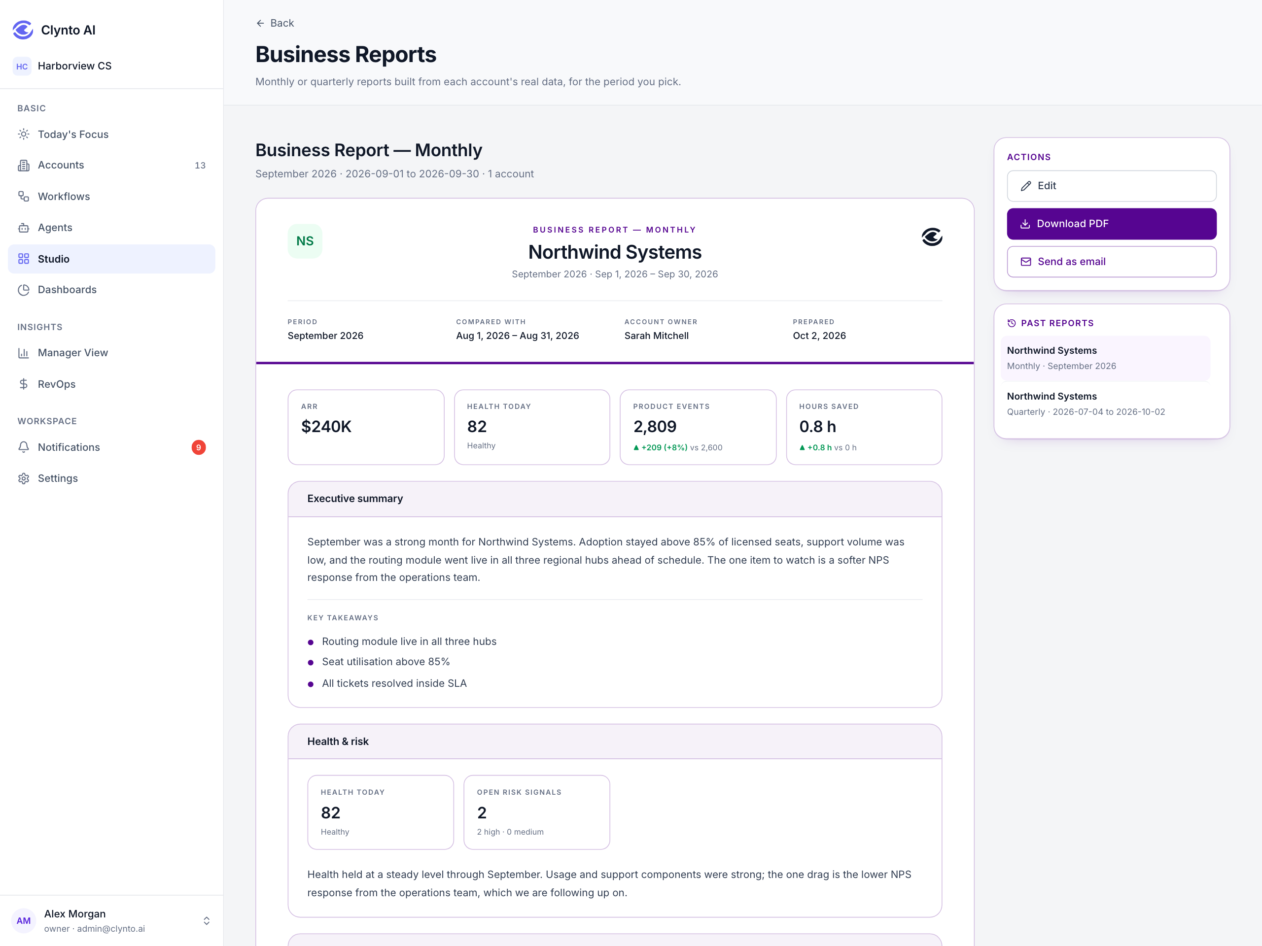 A generated QBR with the customer logo, the status badge and at least one chart visible. This is the asset that shows the output is sendable as-is.