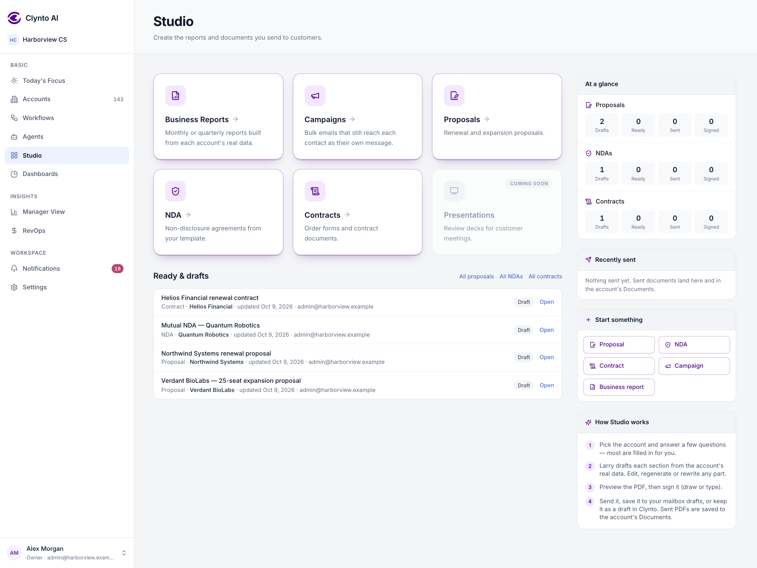 The Studio hub, with Business Reports and Campaigns live, and Proposals, NDA, Contracts and Presentations marked coming soon.
