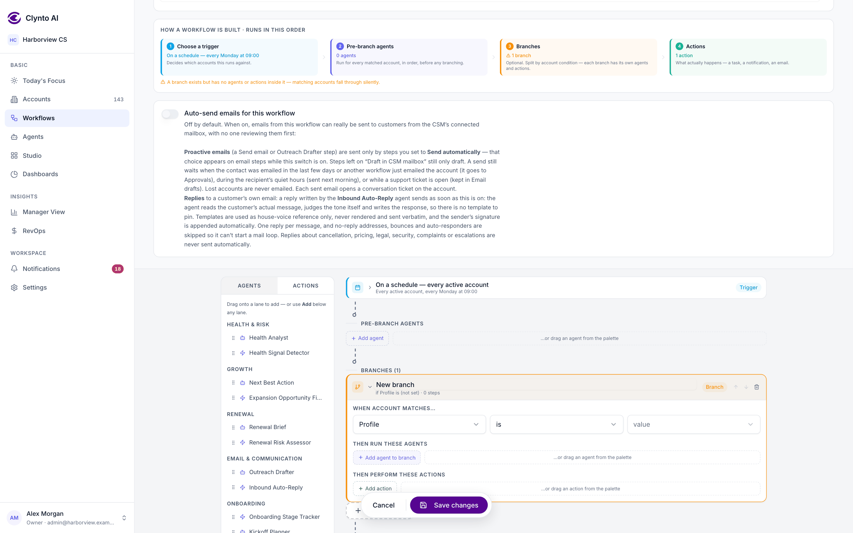 A workflow canvas with three Profile branches expanded (High-Touch Enterprise, Usage-Led, Self-Serve/PLG), each with its own agents and actions configured.